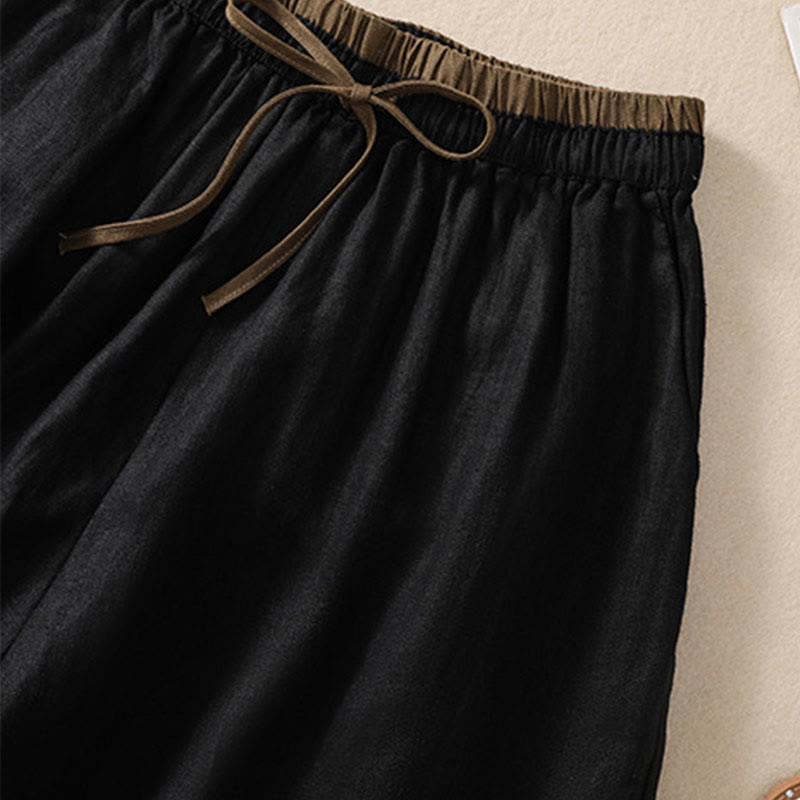Relaxed Knee-Length Shorts with Contrasting Waistband and Drawstring Closure