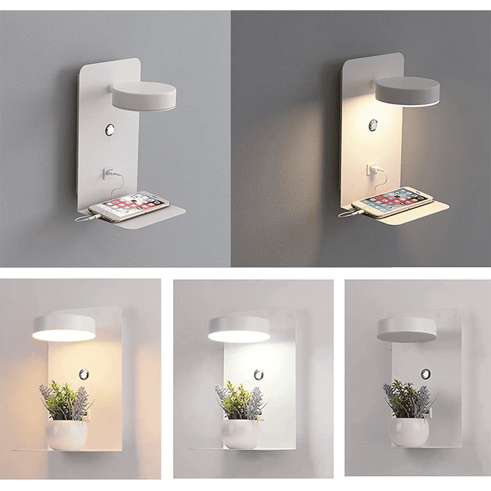 MInimalist LED Wall Lamp with USB Charger and Shelf