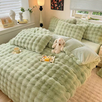 Faux Rabbit Fur Bed Sheet Set With Plush Texture