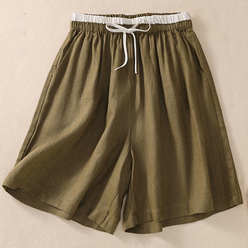 Relaxed Knee-Length Shorts with Contrasting Waistband and Drawstring Closure