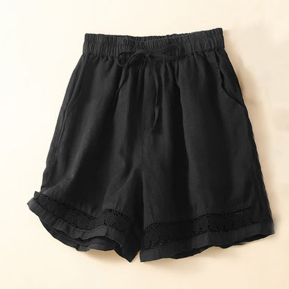 Relaxed Drawstring Shorts with Elegant Lace-Trimmed Hem