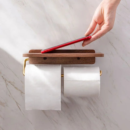 Modern Walnut and Brass Toilet Roll Holder With Integrated Shelf