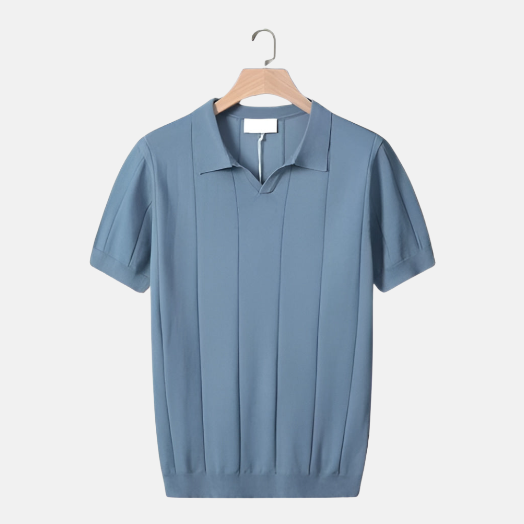 William Ribbed V-Neck Knit Polo | Collared Short Sleeve Polo