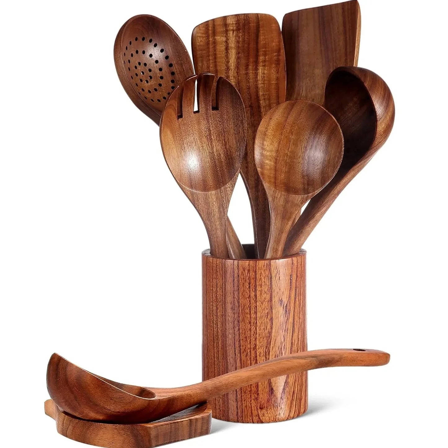 Rustic Wooden Kitchen Utensil Set with Holder