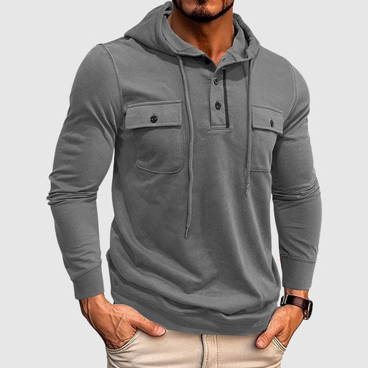 Oscar Slim Fit Henley Hoodie | Button Placket Drawstring Hoodie