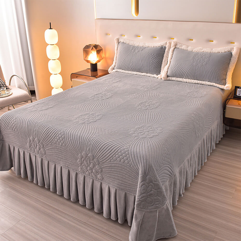 Quilted Bed Skirt Set With Plush Fleece Trim