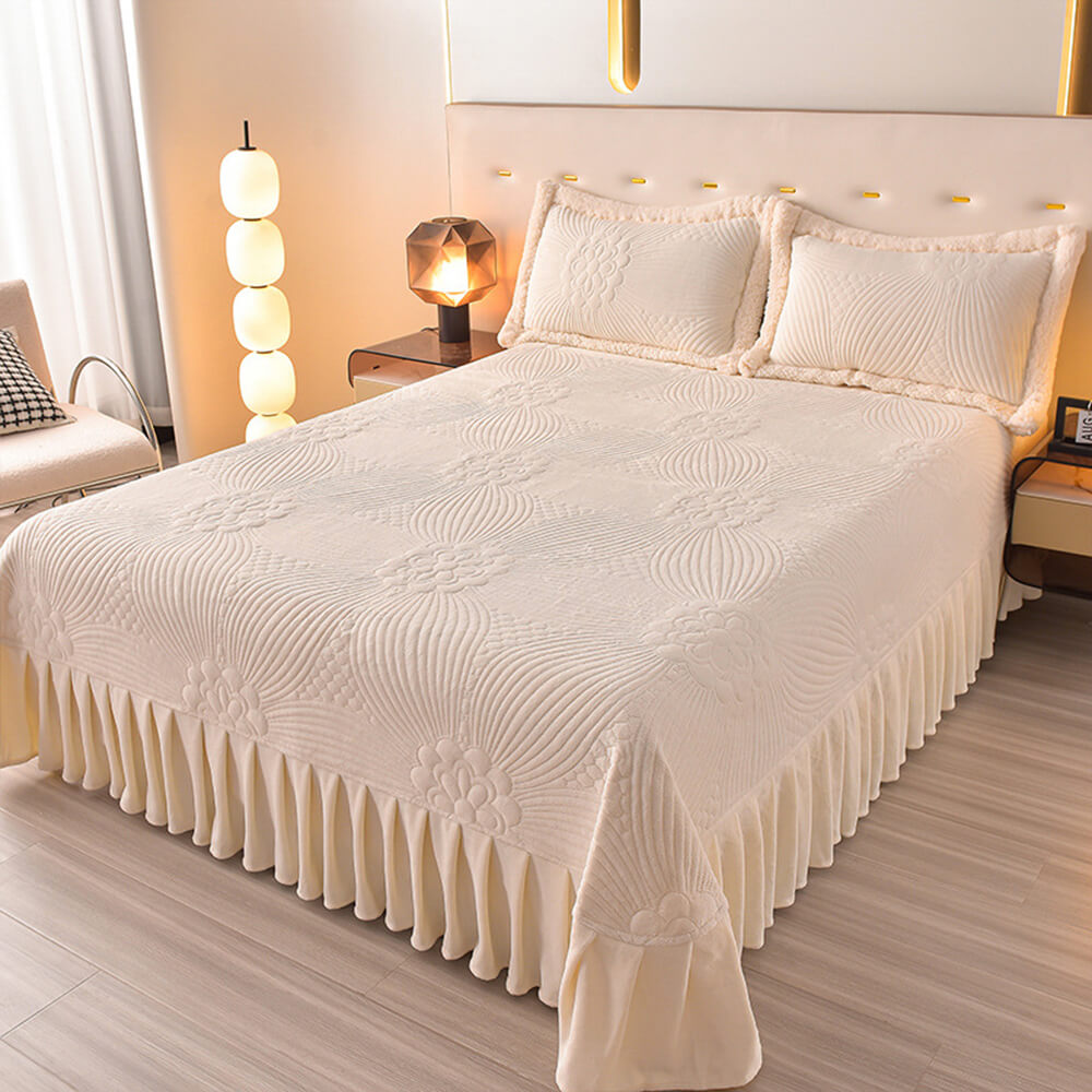Quilted Bed Skirt Set With Plush Fleece Trim