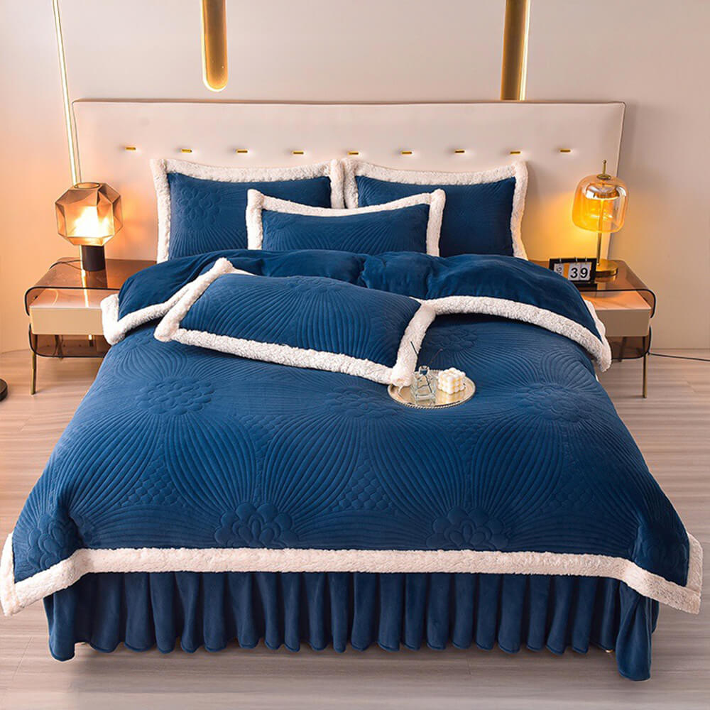 Quilted Bed Skirt Set With Plush Fleece Trim