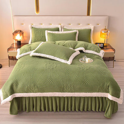 Quilted Bed Skirt Set With Plush Fleece Trim