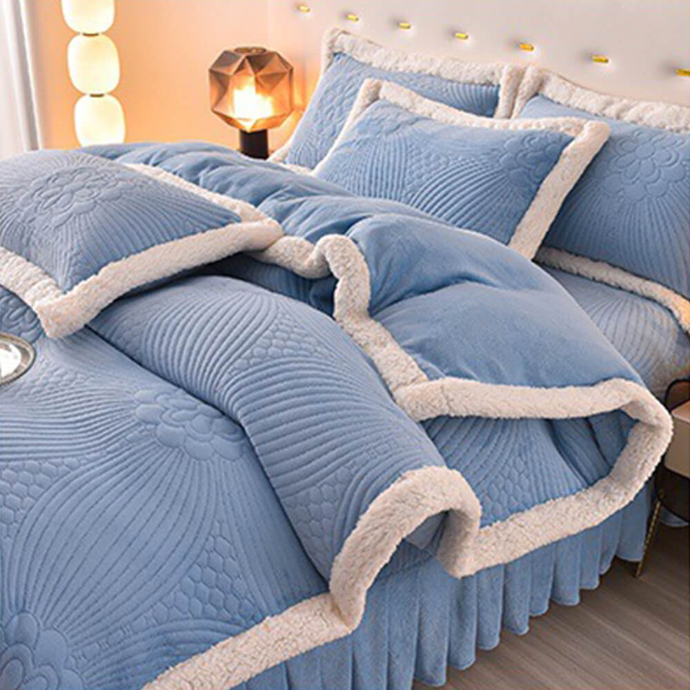 Quilted Bed Skirt Set With Plush Fleece Trim