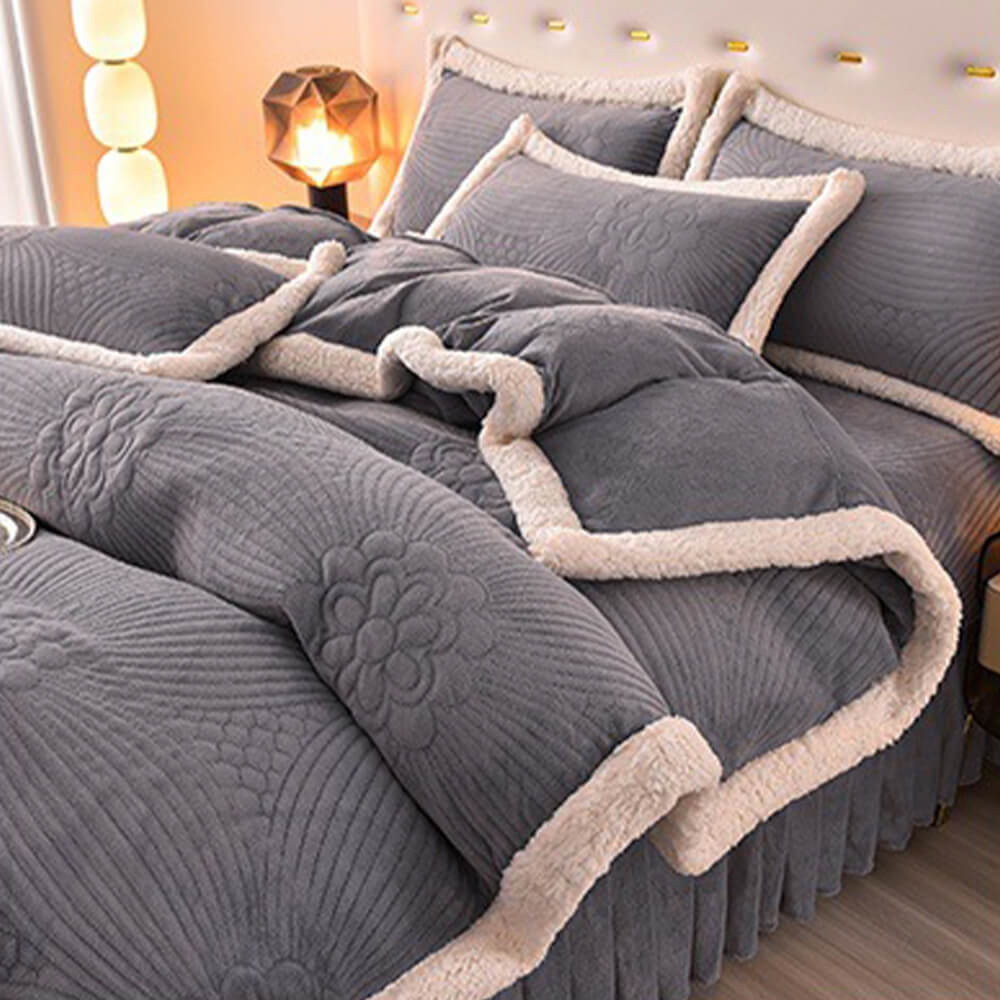 Quilted Bed Skirt Set With Plush Fleece Trim