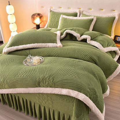 Quilted Bed Skirt Set With Plush Fleece Trim