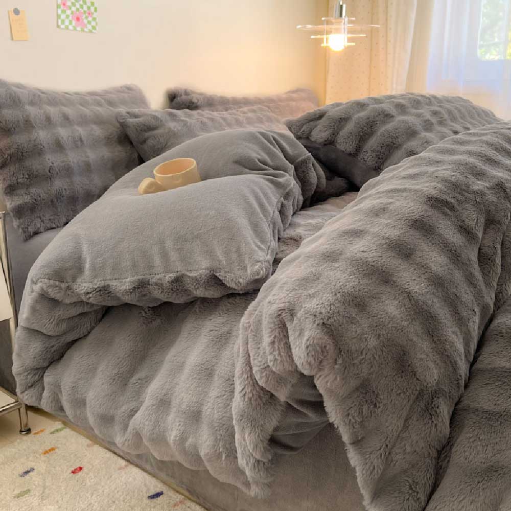 Faux Rabbit Fur Bed Sheet Set With Plush Texture