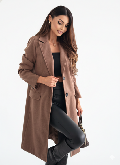 Women’s Longline Tailored Coat – Notched Lapel – Classic Button Closure