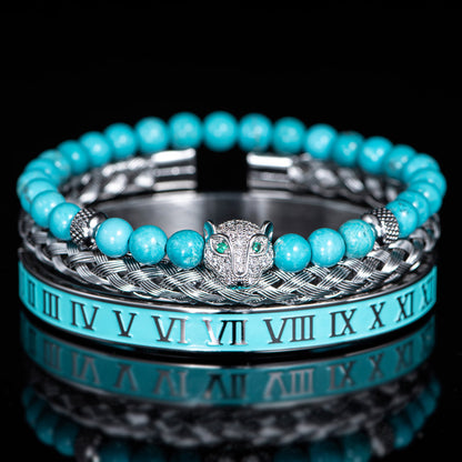 Oscar Panther Head Jeweled Cuff Bracelet Set | Textured Braided Beaded Bracelet