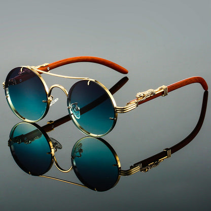 Panthera Onca Vintage-Inspired Round Sunglasses with Artisan Wood Temples
