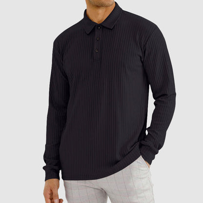 Men’s Knit Long-Sleeve Polo Shirt with Vertical Ribbed Texture