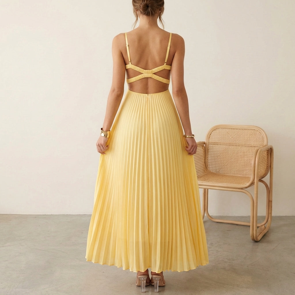 Eileen Pleated Maxi Dress with Twist-Front Bodice and Flowing Silhouette