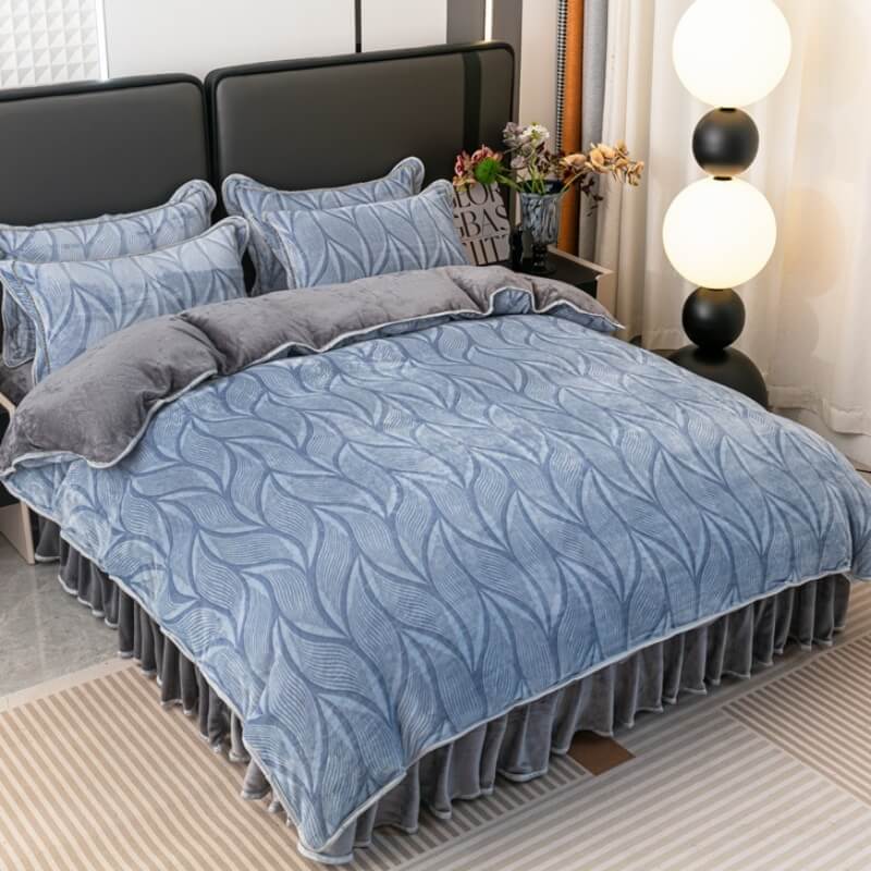 Velvet Bed Sheet Set With Leaf Pattern and Pillow Shams