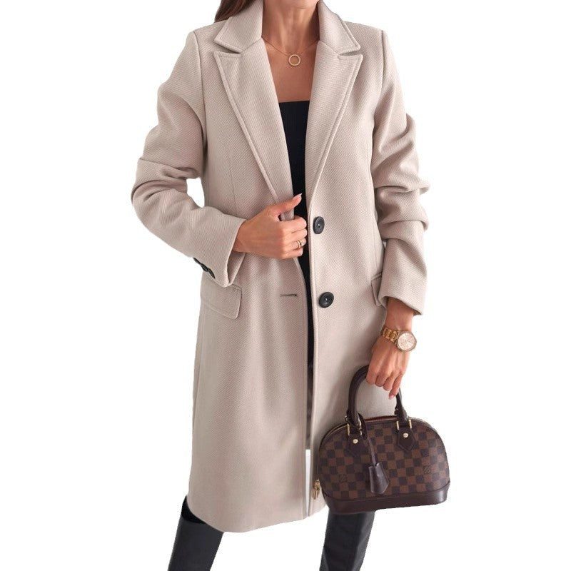 Women’s Longline Tailored Coat – Notched Lapel – Classic Button Closure