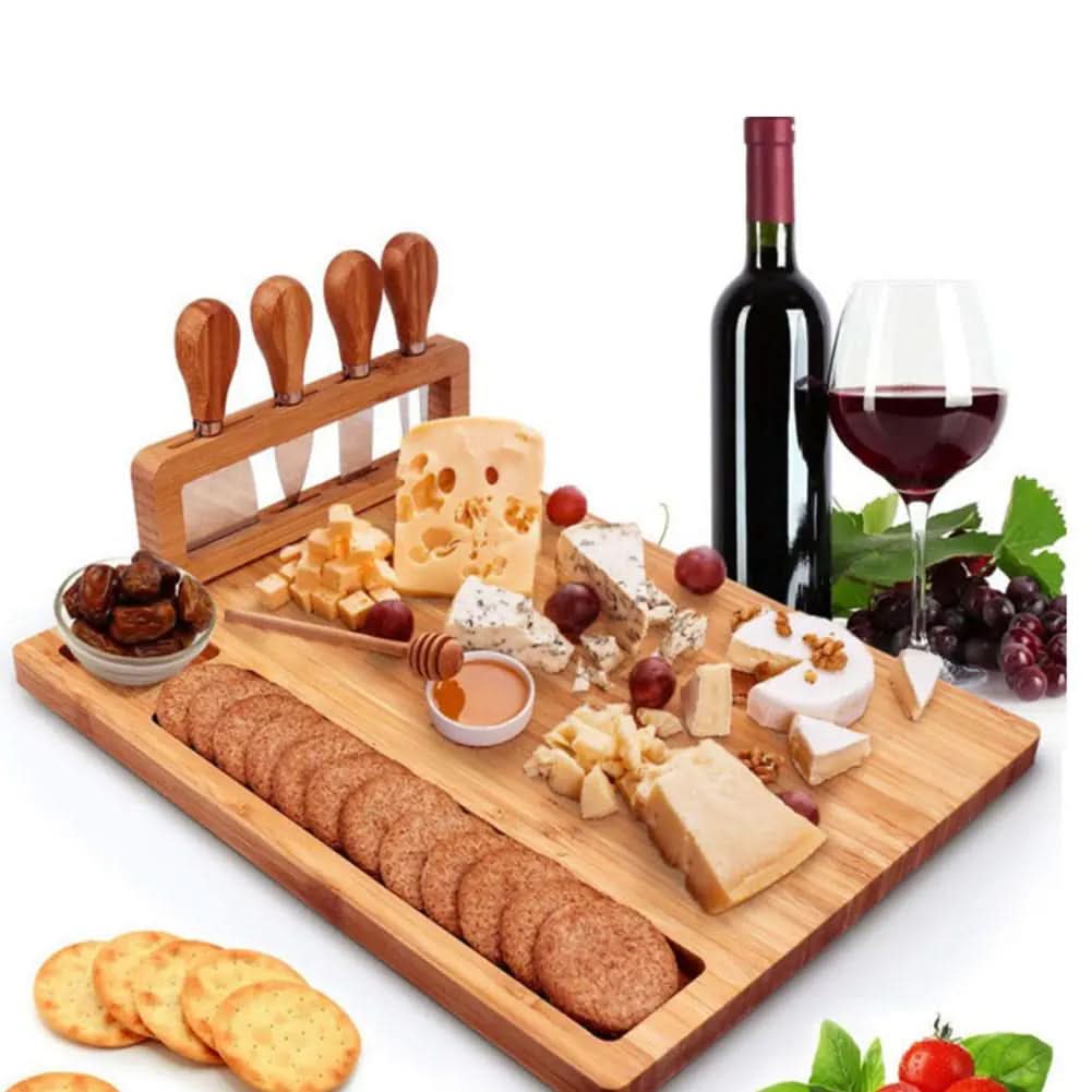 Contemporary Bamboo Cheese Board Set With Built-In Knife Holder
