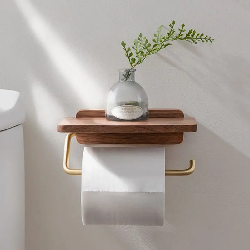 Modern Walnut and Brass Toilet Roll Holder With Integrated Shelf