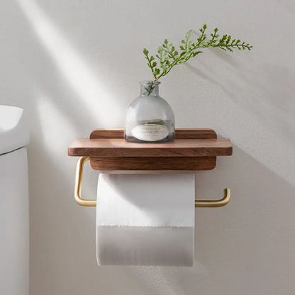 Modern Walnut and Brass Toilet Roll Holder With Integrated Shelf