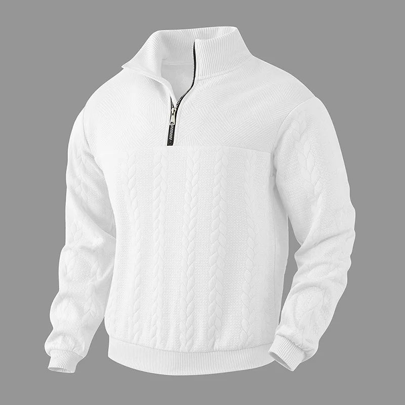 Arthur Cable Knit High-Neck Half-Zip Sweater | Textured Hip-Length Sweater