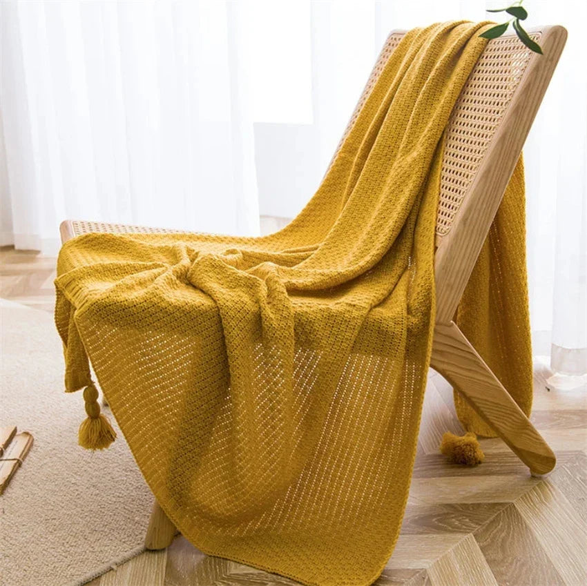 Scandinavian Bamboo Knit Throw Blanket With Tasseled Edges