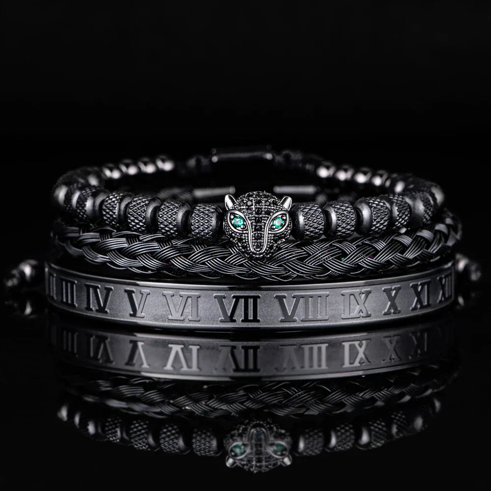 Oscar Panther Head Jeweled Cuff Bracelet Set | Textured Braided Beaded Bracelet