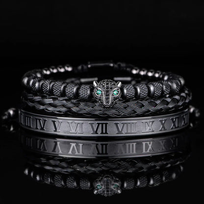 Oscar Panther Head Jeweled Cuff Bracelet Set | Textured Braided Beaded Bracelet