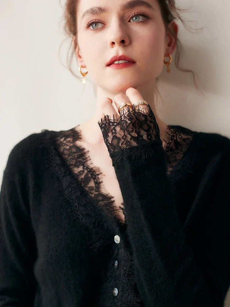 Rosie Fitted Cardigan | Lace Trim Button Front Cardigan