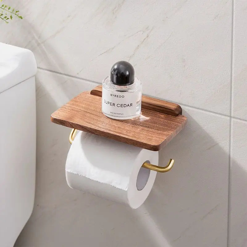 Modern Walnut and Brass Toilet Roll Holder With Integrated Shelf
