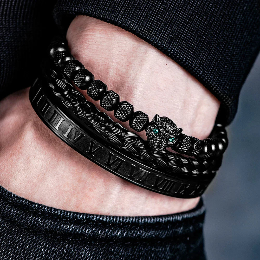 Oscar Panther Head Jeweled Cuff Bracelet Set | Textured Braided Beaded Bracelet