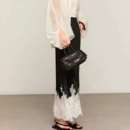 Lace-Trim Satin Skirt
