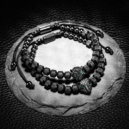 Oscar Panther Head Jeweled Cuff Bracelet Set | Textured Braided Beaded Bracelet