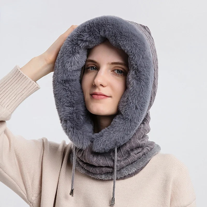 Aurora Cable Knit Balaclava | Fur Trim Drawstring Balaclava