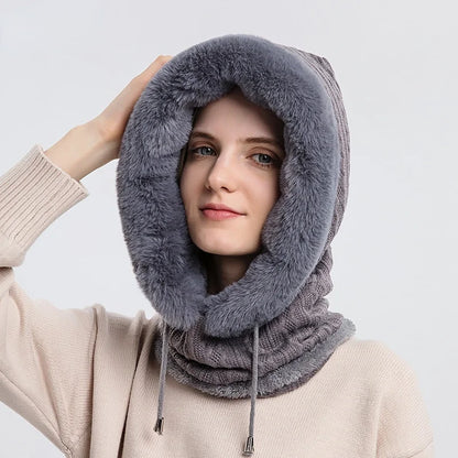 Aurora Cable Knit Balaclava | Fur Trim Drawstring Balaclava