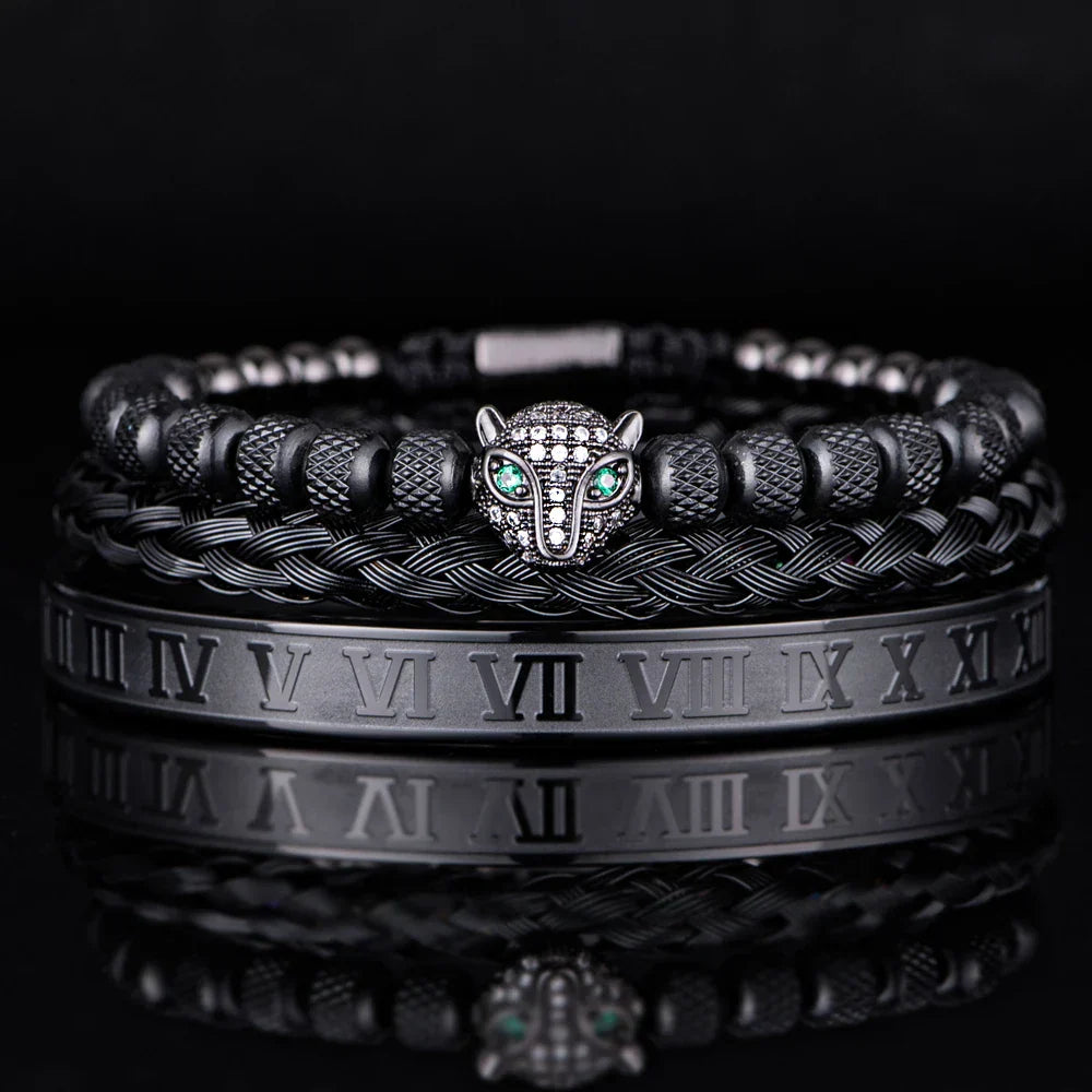 Oscar Panther Head Jeweled Cuff Bracelet Set | Textured Braided Beaded Bracelet