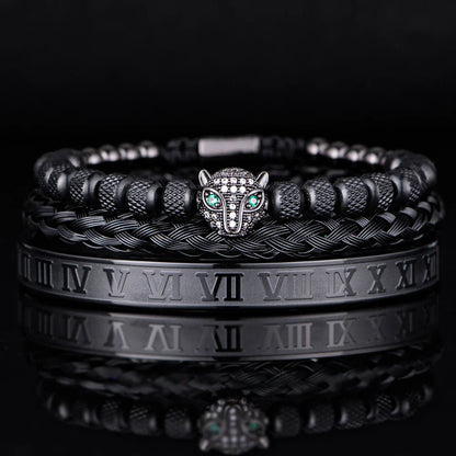 Oscar Panther Head Jeweled Cuff Bracelet Set | Textured Braided Beaded Bracelet