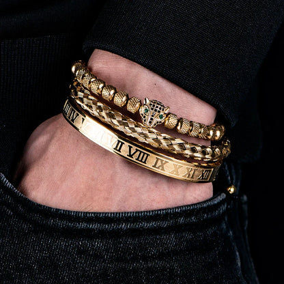 Oscar Panther Head Jeweled Cuff Bracelet Set | Textured Braided Beaded Bracelet