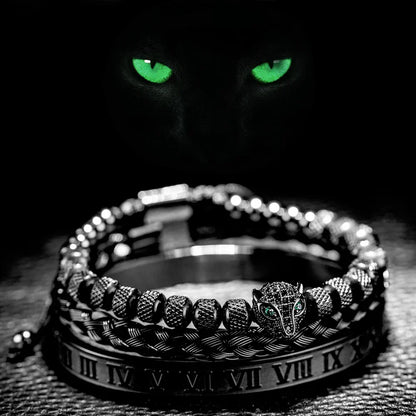 Oscar Panther Head Jeweled Cuff Bracelet Set | Textured Braided Beaded Bracelet