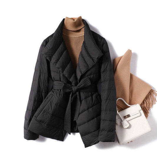 Isabella Quilted Wrap Silhouette Puffer Jacket | Belted Shawl Collar Jacket