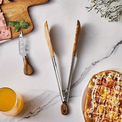 Modern Wood Handle Cooking Tongs With Stainless Steel Body