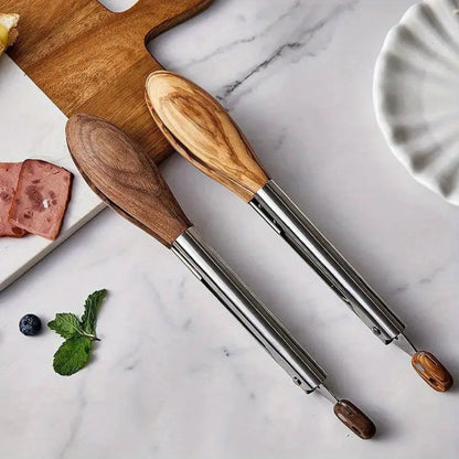 Modern Wood Handle Cooking Tongs With Stainless Steel Body