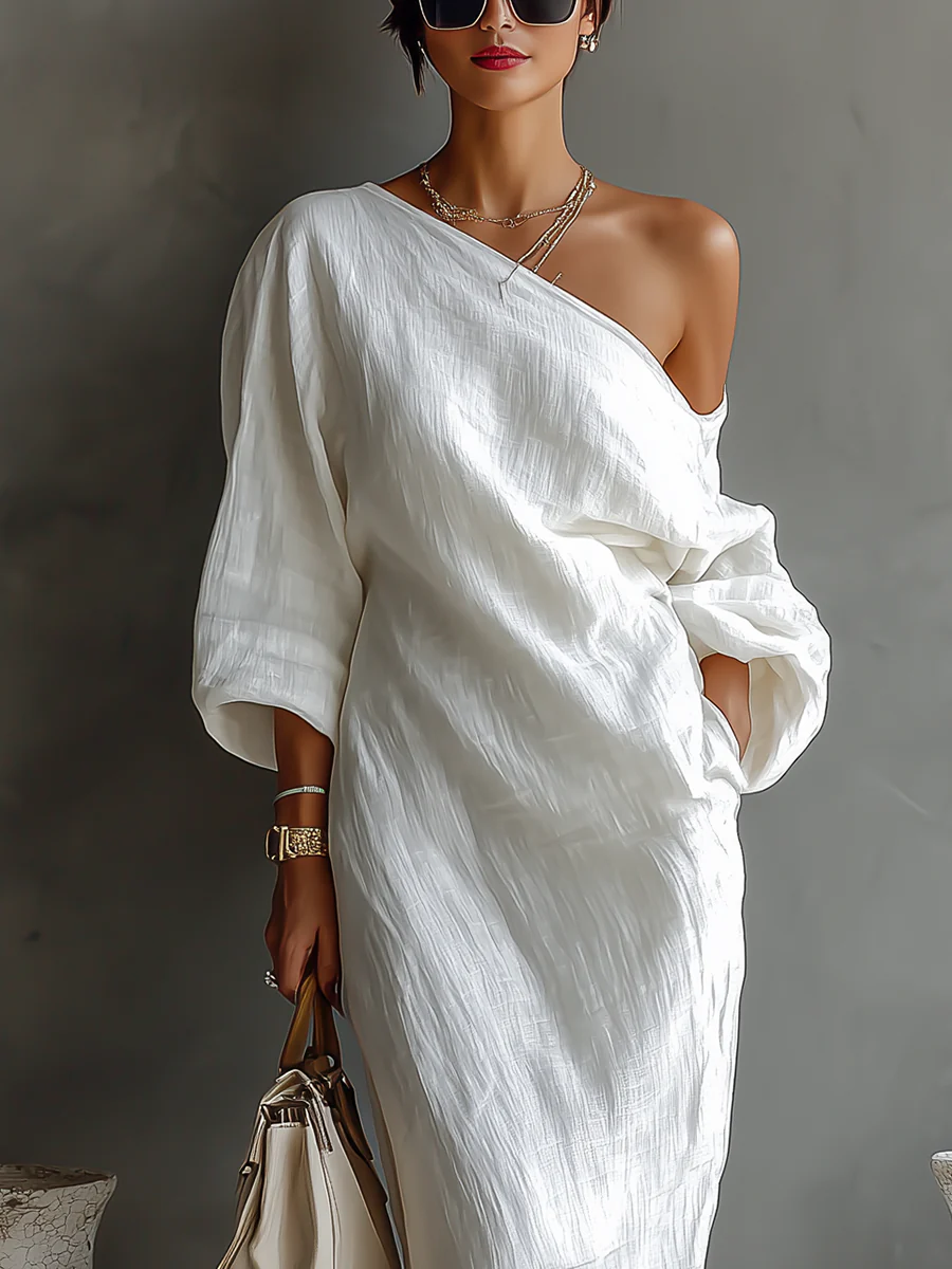 Draped One-Shoulder Maxi Dress with Voluminous Sleeve