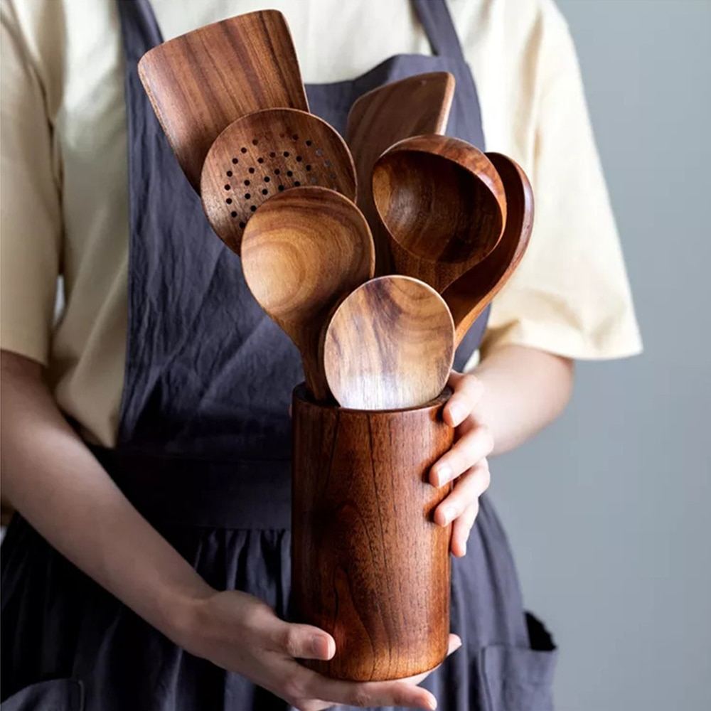 Teak Utensil Set With Smooth Finish and Sturdy Design