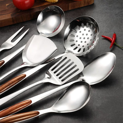 Contemporary Stainless Steel And Wood Utensil Set
